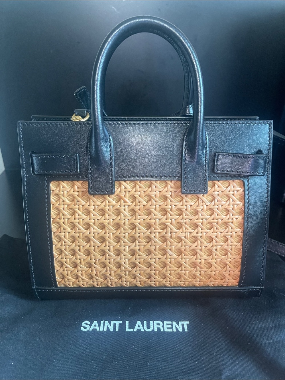 Saint Laurent Black Leather and Natural Rattan Classic Sac De Jour Nano Tote - Picture 9 of 16